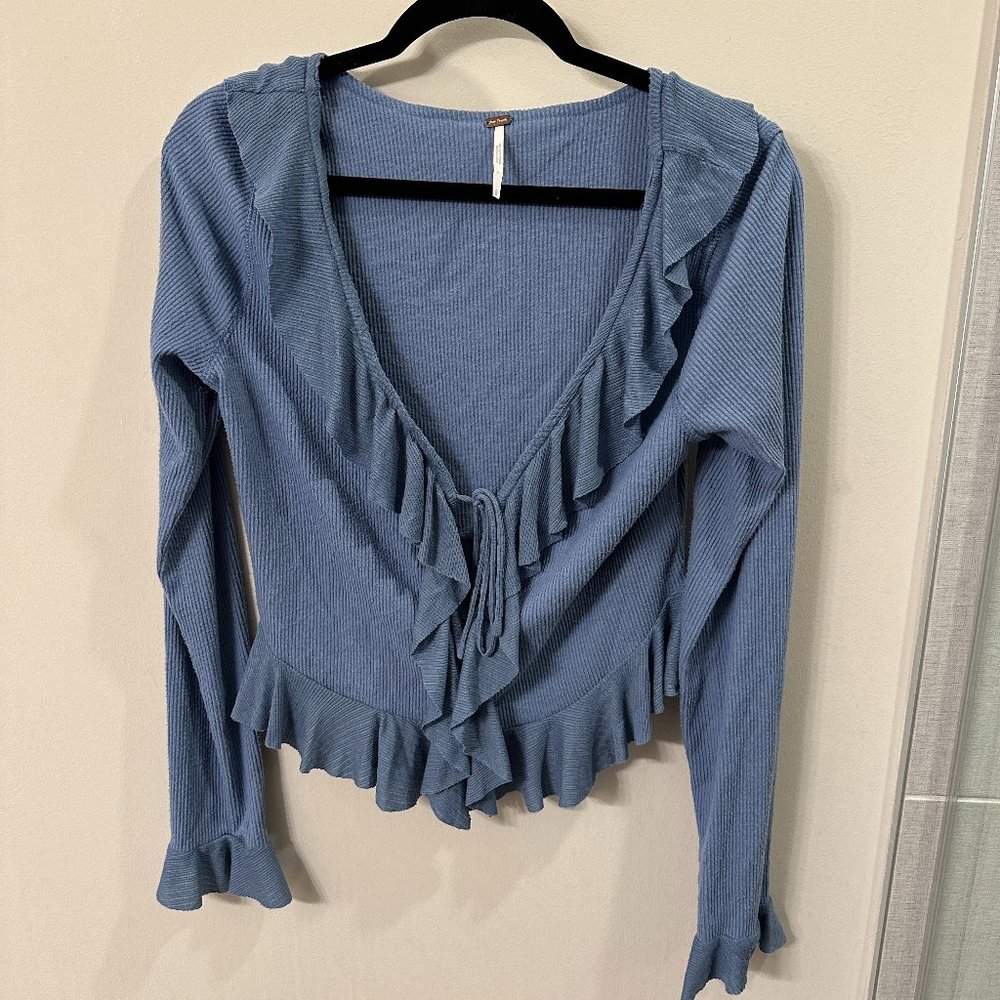 Free People Blue Ophelia Ruffled Long Sleeve Knit Blouse Women's L